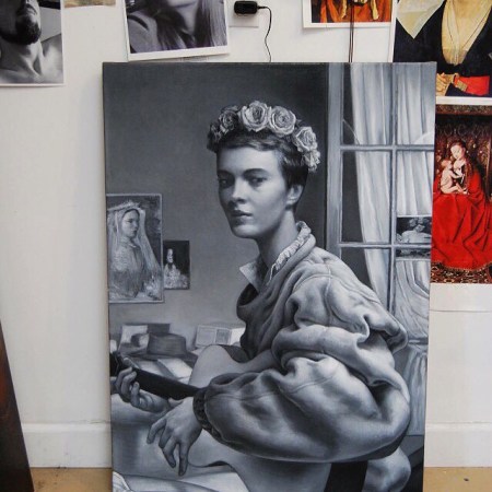 #flowercrown #jeanseberg #jeannie series "Jeannie Songie", 38 x 27 in, oil on linen, 2013 #playingtheguitar #oversizedshirt #painting #art #stringsattached #breathless #frenchnewwave #godard